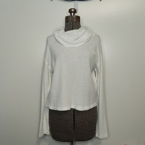 Free People white distressed waffle knit thermal long sleeve turtleneck top